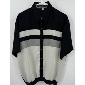 Alan Stuart Shirt Banded Full Button Pullover Mens Sz L Black White Short Sleeve